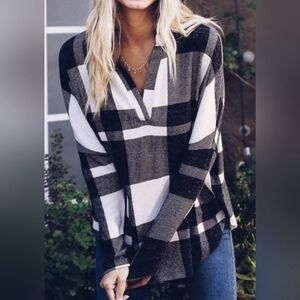 NWOT Women's Plaid Drop Shoulder Long Sleeve Pullover Top Black White Size L